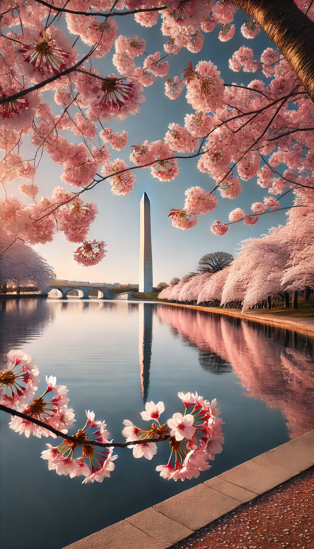 A view of the Washington Monument and the Reflecting Pool with cherry blossoms in full bloom, creating a serene and patriotic scene.