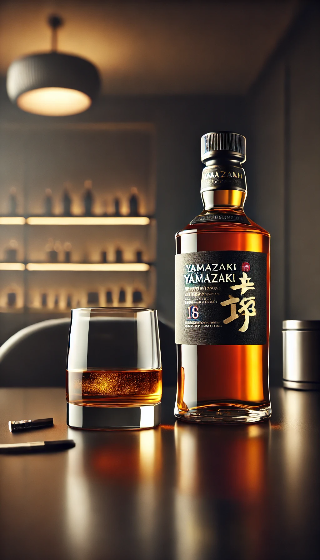 A bottle of Yamazaki 18 with a glass beside it, placed on a sleek black counter, with subtle lighting highlighting the amber color and Japanese branding.