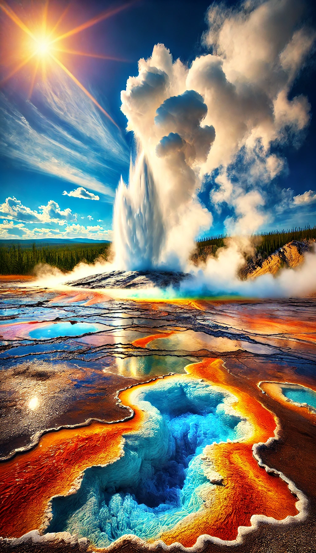 A scene of Old Faithful erupting in Yellowstone, with colorful hot springs and steam rising from the ground under a bright blue sky.