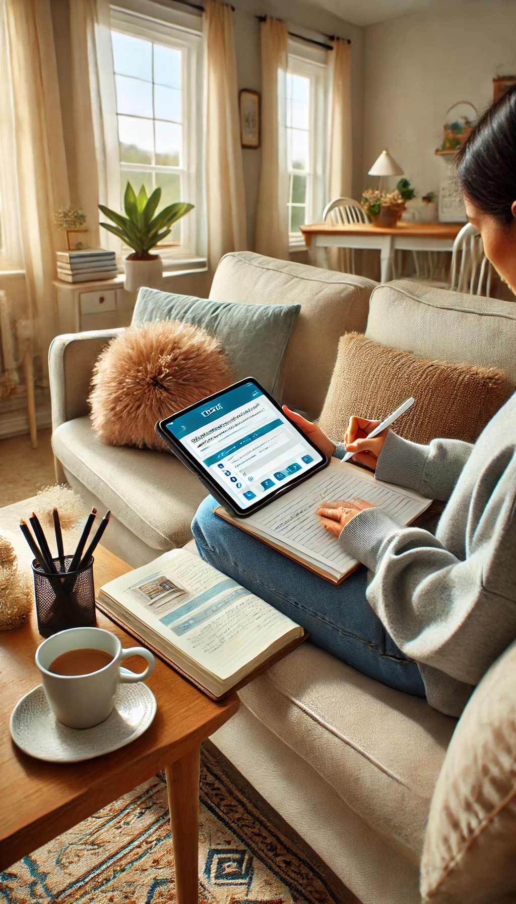 A tablet screen showing an edX course module, with a learner taking notes in a bright, cozy living room setup.