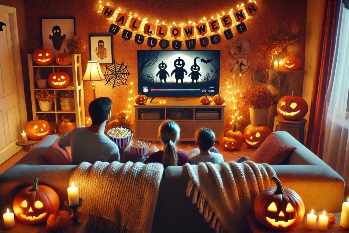 A family gathered on the couch watching family-friendly Halloween movies together.