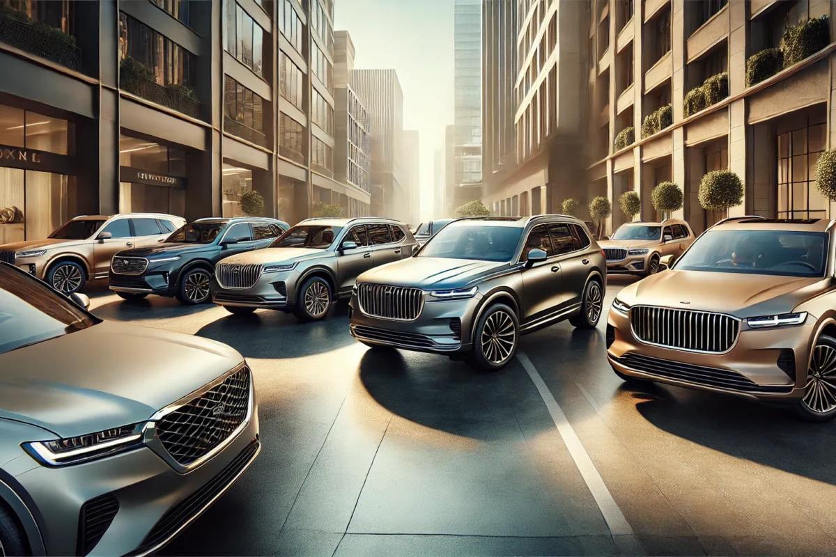 A lineup of stylish, affordable luxury cars parked in a modern, urban setting, with a mix of sedans and compact SUVs. The cars are highlighted by soft, natural lighting, reflecting off sleek metallic finishes, and surrounded by a backdrop of elegant architecture or city skyline. The image captures a sense of sophistication, accessibility, and premium quality