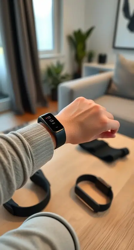 A modern home setting with a person using Alexa on their Amazfit Band 5, alongside workout gear on a table.