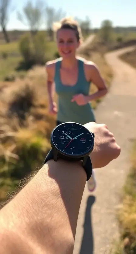 A cozy home setting with a Fitbit Inspire 3 on a wrist, showing a step count, and a yoga mat and weights in the background.