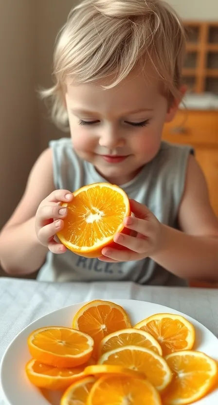 A child peeling an orange with a plate of sliced citrus fruits on the table.