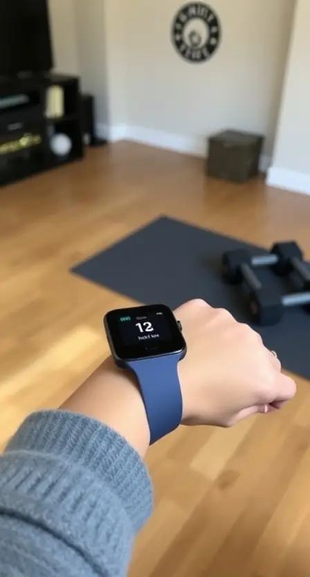 A cozy home setting with a Fitbit Inspire 3 on a wrist, showing a step count, and a yoga mat and weights in the background.