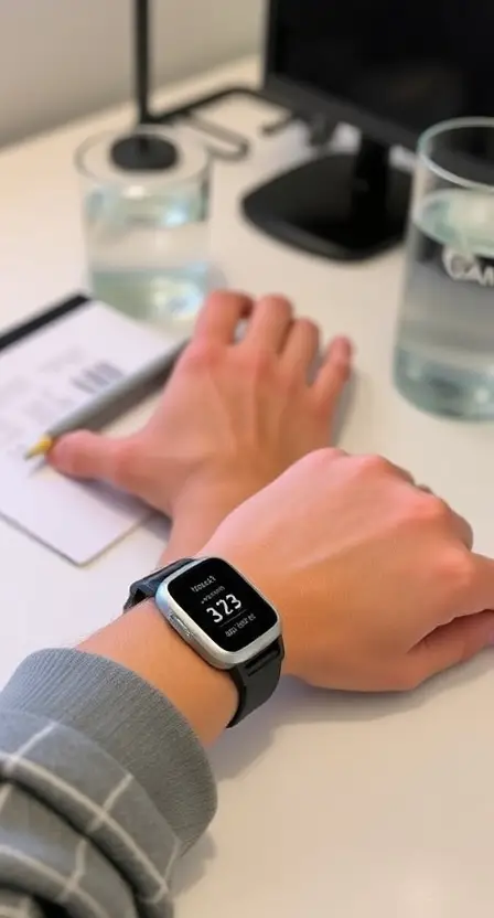 A person working at a desk wearing the Garmin Vivosmart 4, with fitness stats on display and a glass of water in the background.