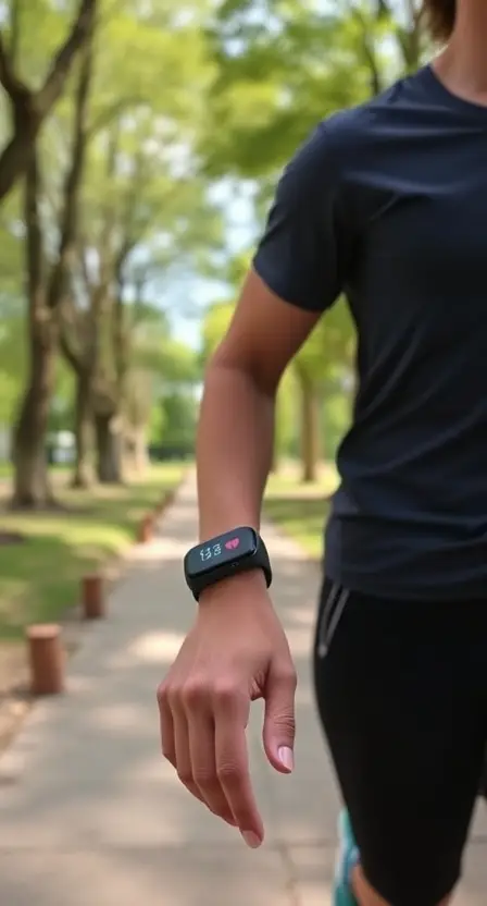 A person walking in a park with the Honor Band 6 showing steps and heart rate, surrounded by trees and natural light.