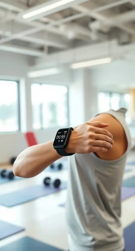 A bright fitness studio with a person checking their Huawei Band 6, surrounded by yoga mats and dumbbells.