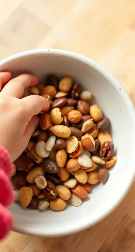 A small bowl of mixed nuts and seeds with a child's hand picking a handful.