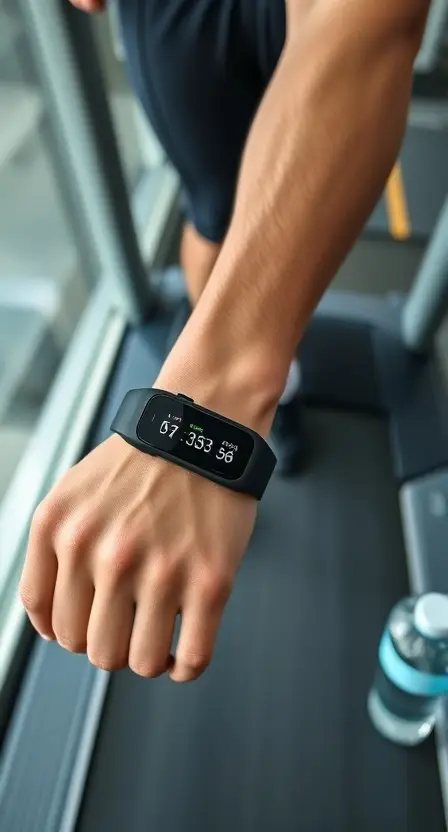 A person walking on a treadmill wearing the Realme Band 2, with fitness stats displayed on the band and a water bottle nearby.