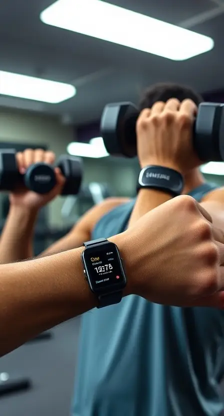 A person lifting light dumbbells in a well-lit gym, with the Samsung Galaxy Fit 2 displaying workout stats on their wrist.