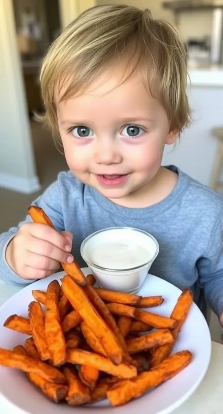 A child enjoying baked sweet potato fries with a small dipping sauce.