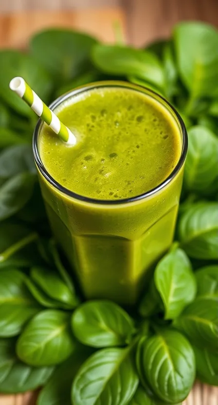 A green smoothie in a fun cup with a straw, surrounded by fresh spinach leaves.