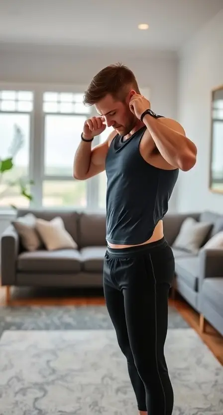 A person adjusting their Wyze Band while setting up a home workout, with a sleek living room background.