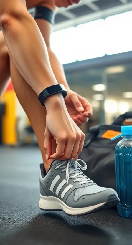 A person tying their sneakers, wearing a Xiaomi Mi Band 7 on their wrist, with a gym bag and water bottle nearby in a brightly lit gym.