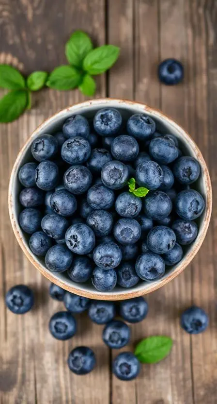 A bowl of fresh blueberries with a few scattered on a rustic wooden surface.