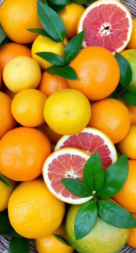 A vibrant assortment of citrus fruits, including oranges, lemons, and grapefruits, arranged in a basket with fresh green leaves.