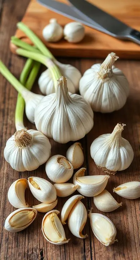 Fresh garlic bulbs and cloves on a rustic wooden table, with a knife and a cutting board.