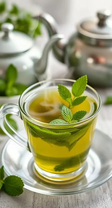 A steaming cup of green tea with fresh mint leaves and a teapot in the background.