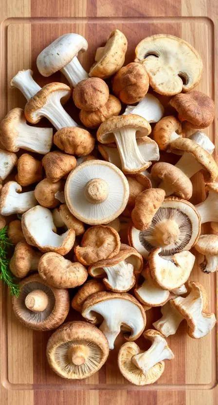 A mix of fresh shiitake and maitake mushrooms on a wooden chopping board.