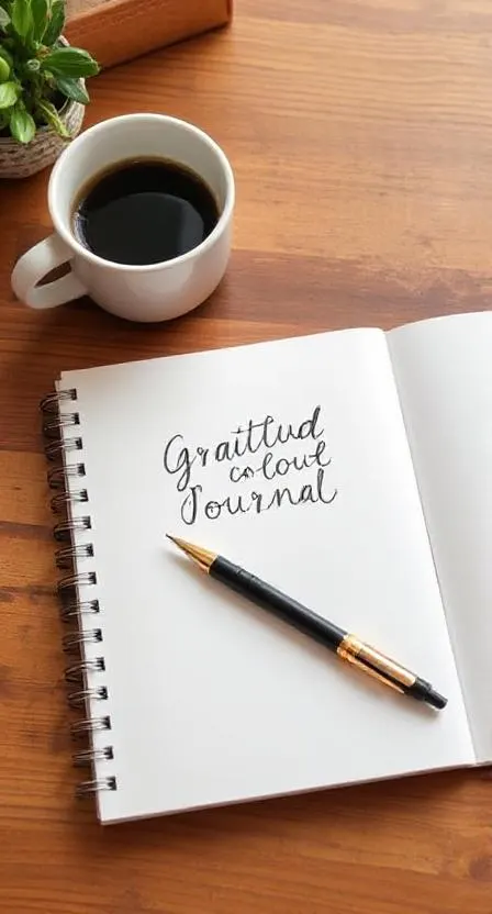 A gratitude journal with a pen and a cup of coffee on a wooden desk.