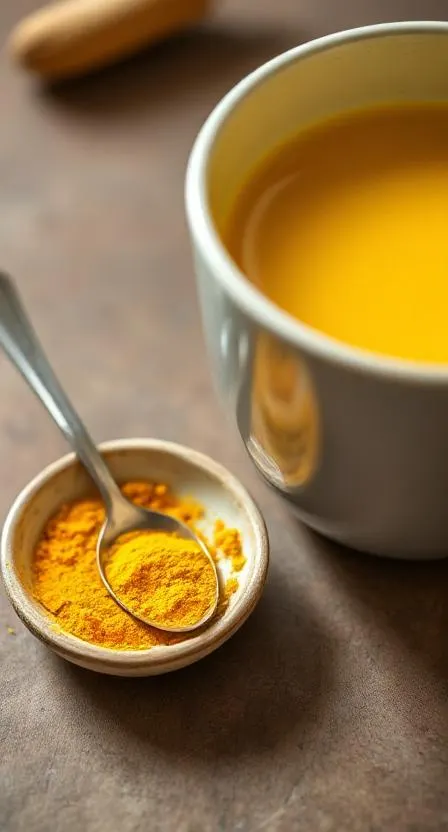 A small dish of turmeric powder with a spoon, next to a cup of golden turmeric milk.