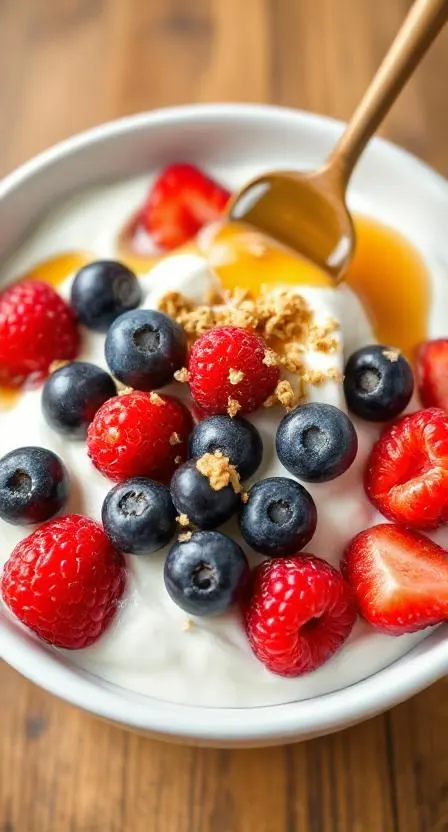 A bowl of creamy yogurt topped with fresh berries, honey, and a sprinkle of granola.